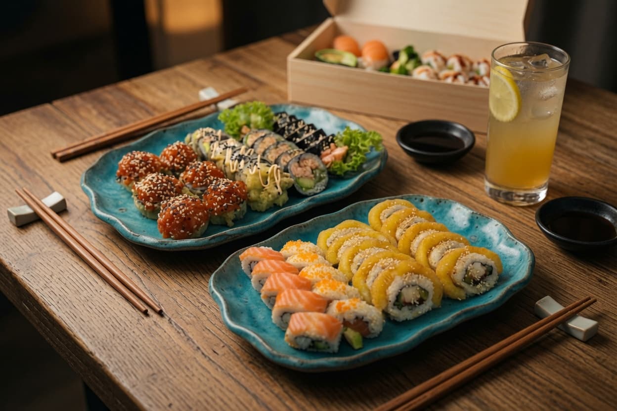 Zestaw sushi na wynos Kanzu Sushi – futomaki i uramaki na drewnianym stole