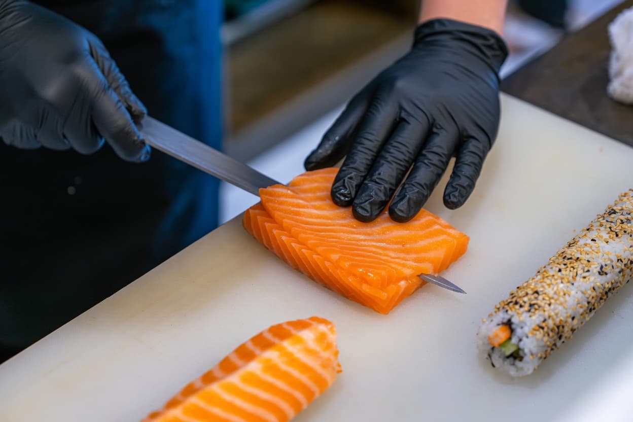 KANZU Sushi – przygotowanie świeżego łososia, rękodzieło sushi